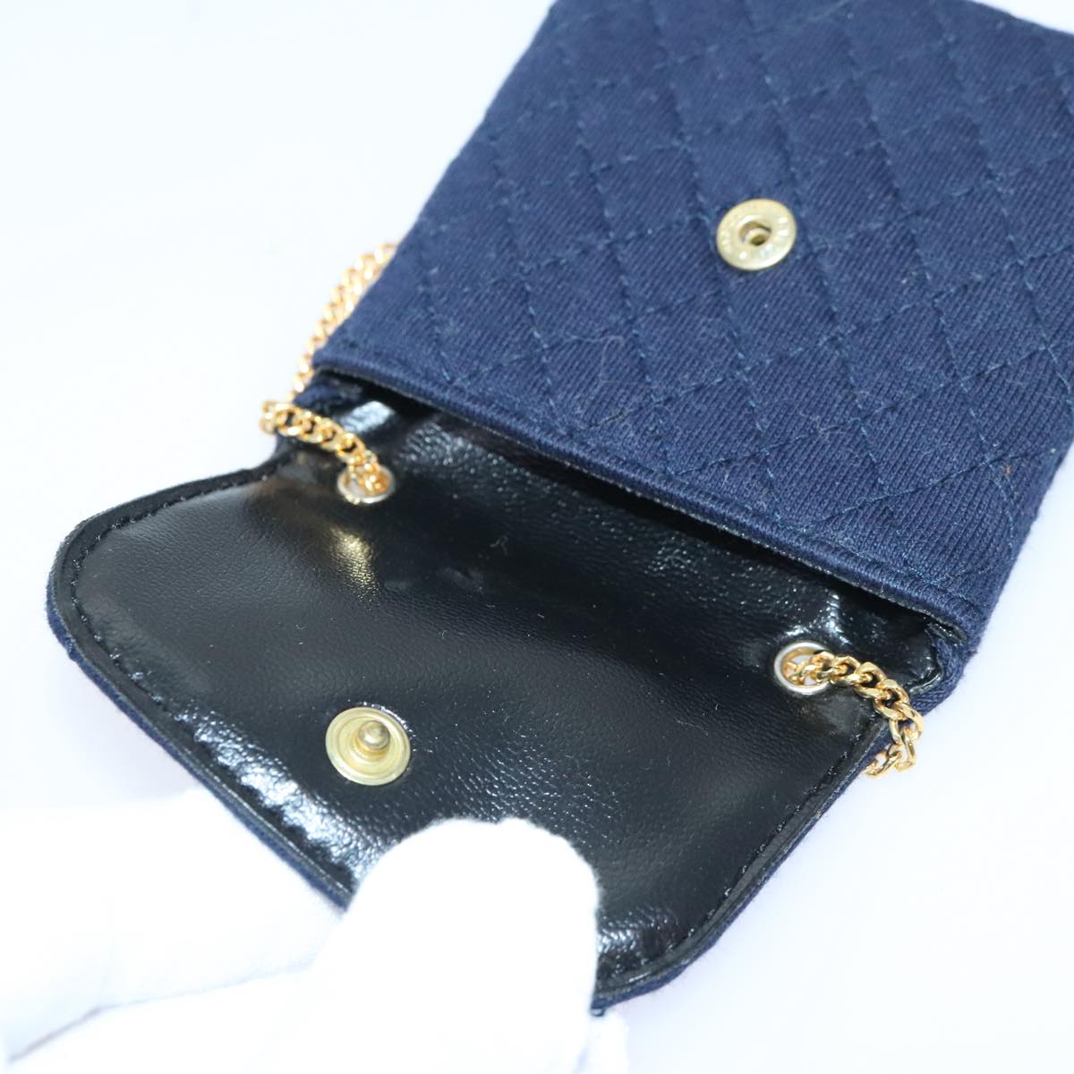 CHANEL Matelasse Chain Shoulder Pouch Cotton Navy Gold CC Auth 93398