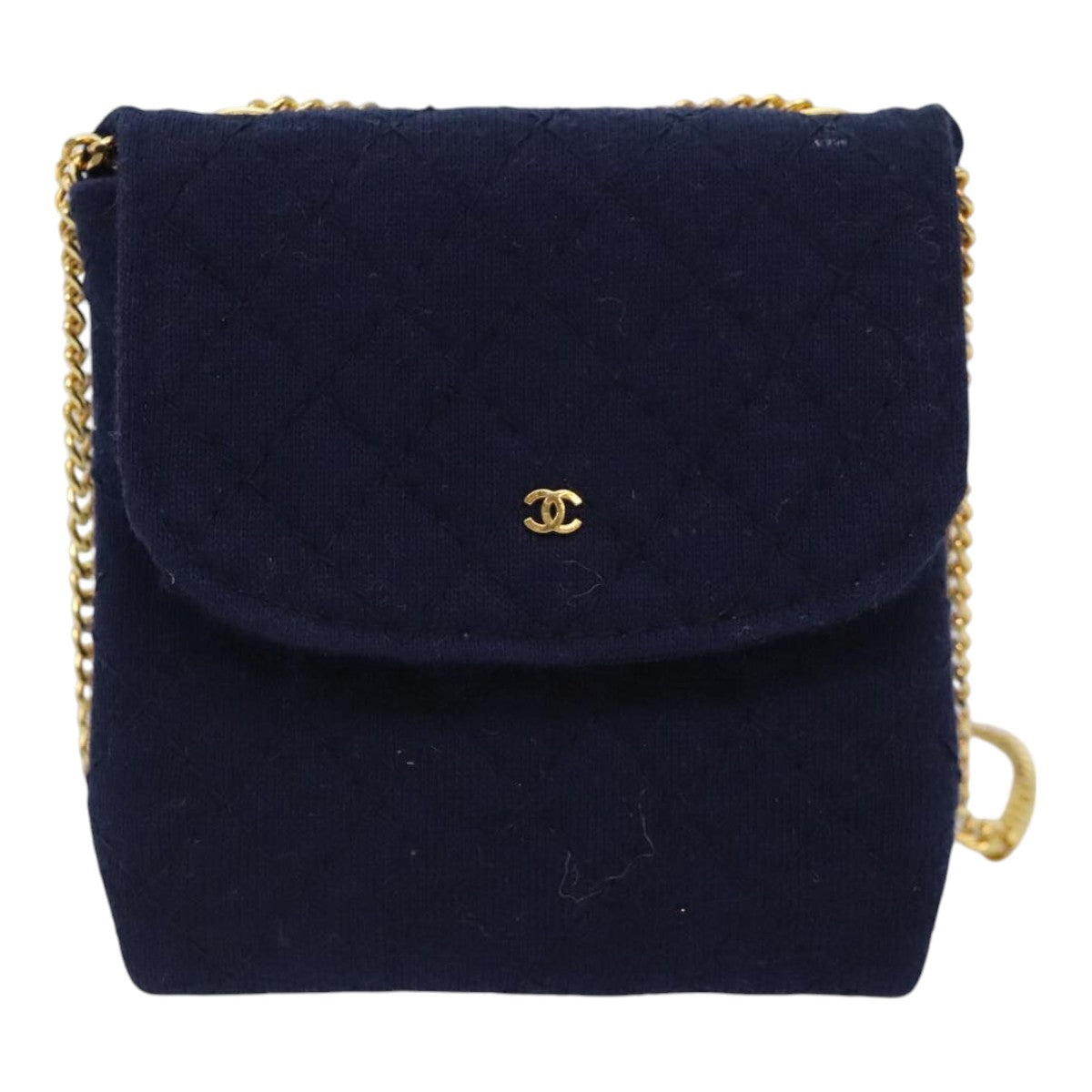 CHANEL Matelasse Chain Shoulder Pouch Cotton Navy Gold CC Auth 93398