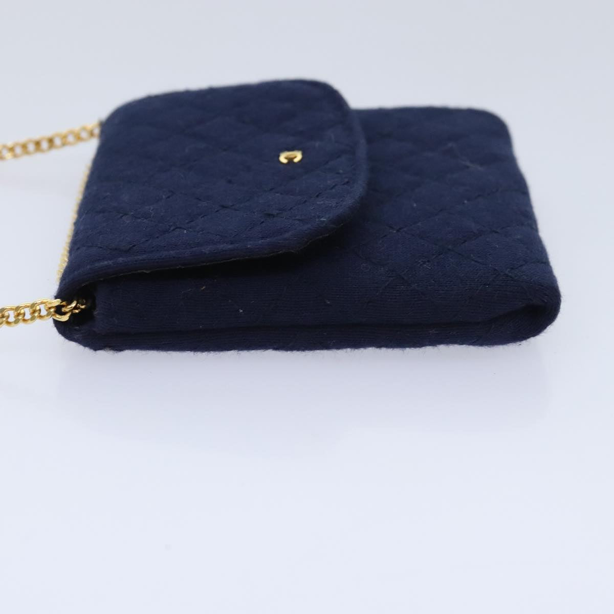 CHANEL Matelasse Chain Shoulder Pouch Cotton Navy Gold CC Auth 93398