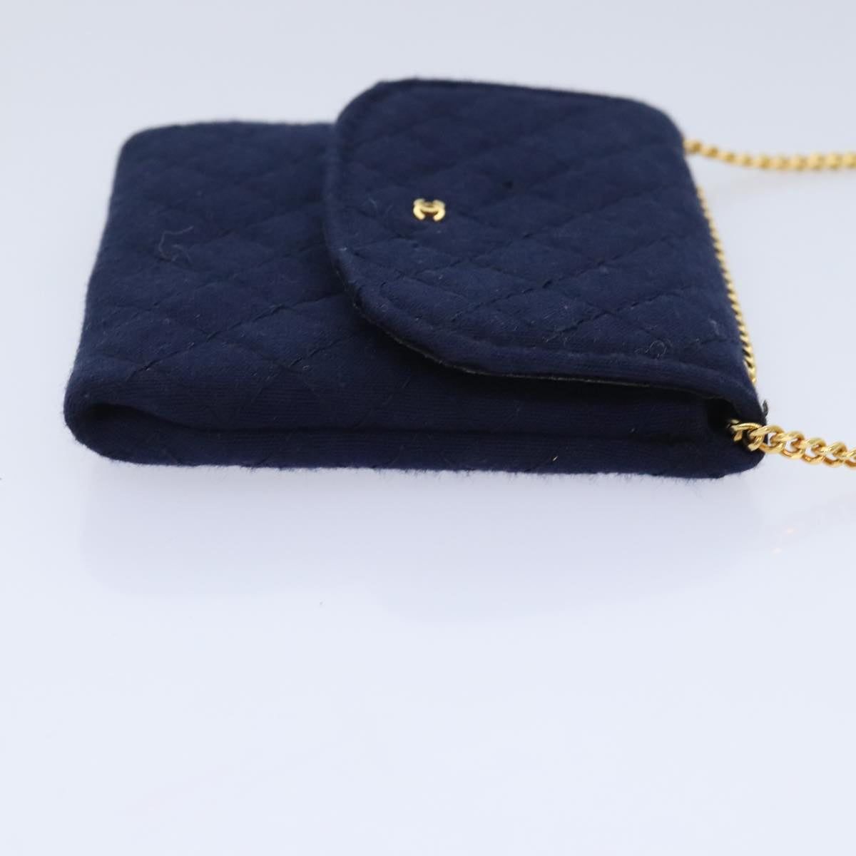 CHANEL Matelasse Chain Shoulder Pouch Cotton Navy Gold CC Auth 93398