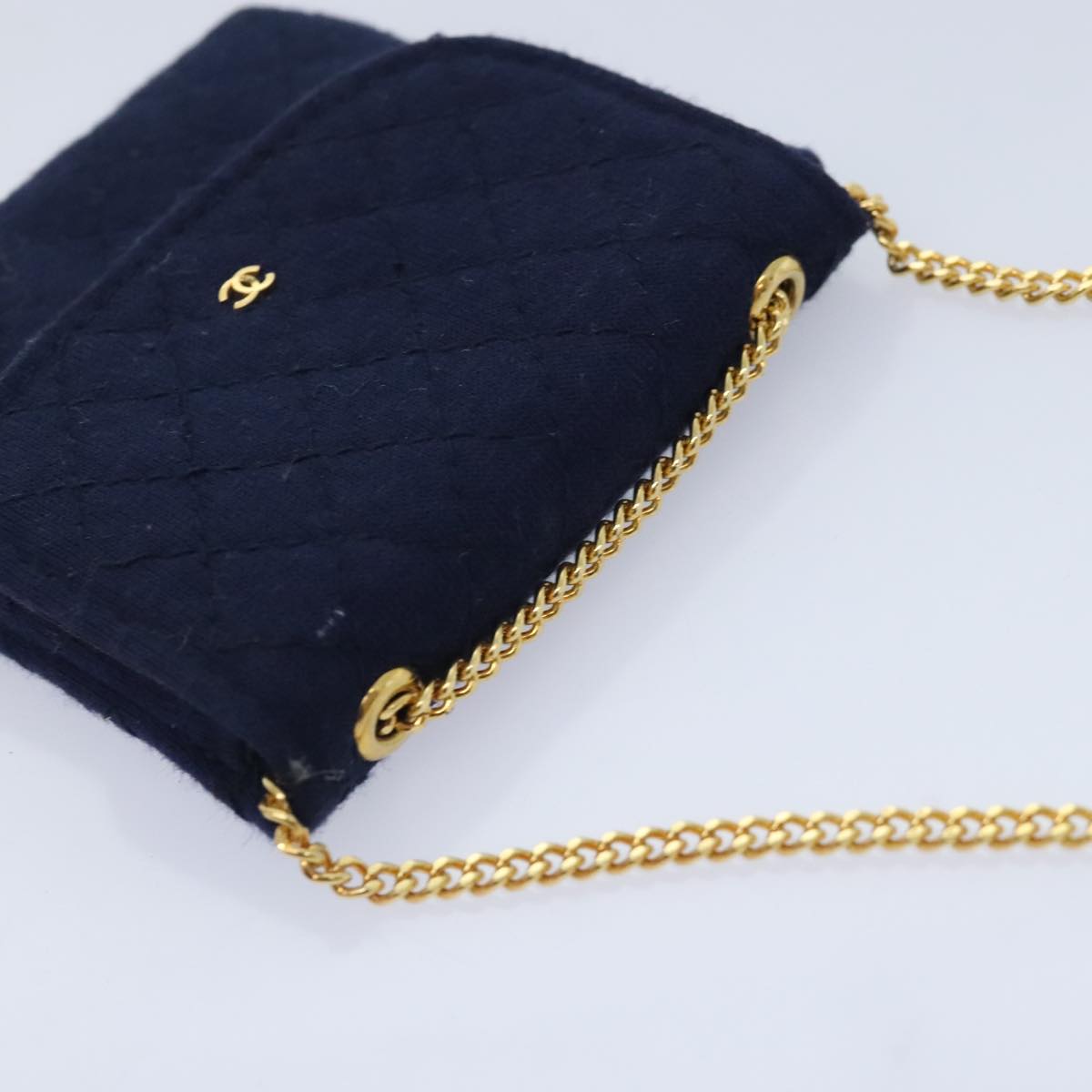 CHANEL Matelasse Chain Shoulder Pouch Cotton Navy Gold CC Auth 93398