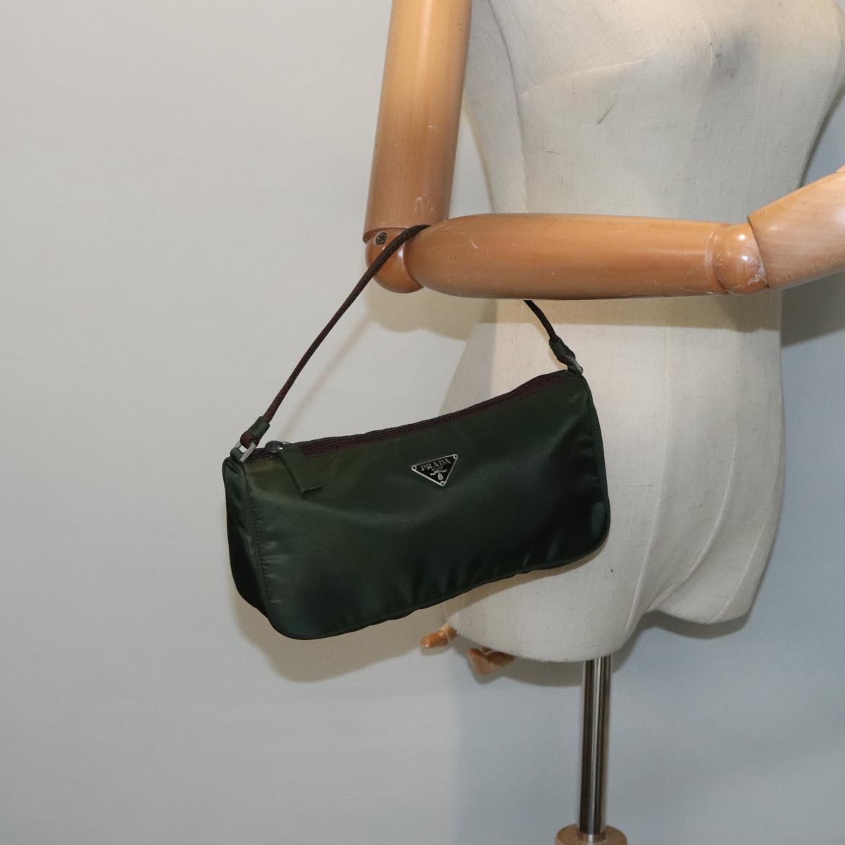 PRADA Accessory Pouch Nylon Green Silver Auth 93400