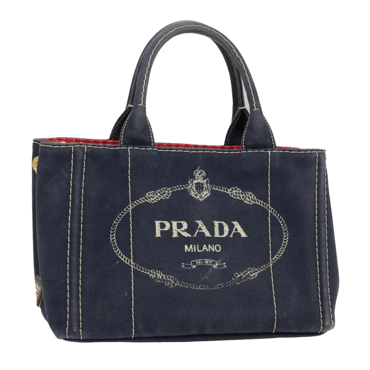 PRADA Canapa PM Hand Bag Canvas Navy Gold Auth 93409