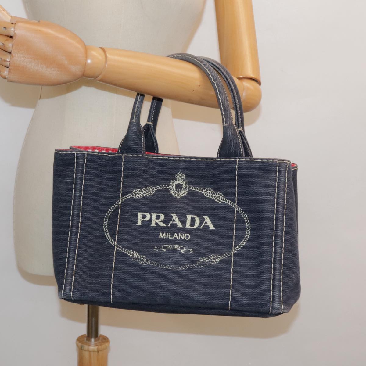 PRADA Canapa PM Hand Bag Canvas Navy Gold Auth 93409