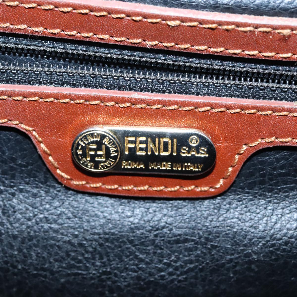 FENDI Pecan Canvas Hand Bag Brown Black gold Auth 93410