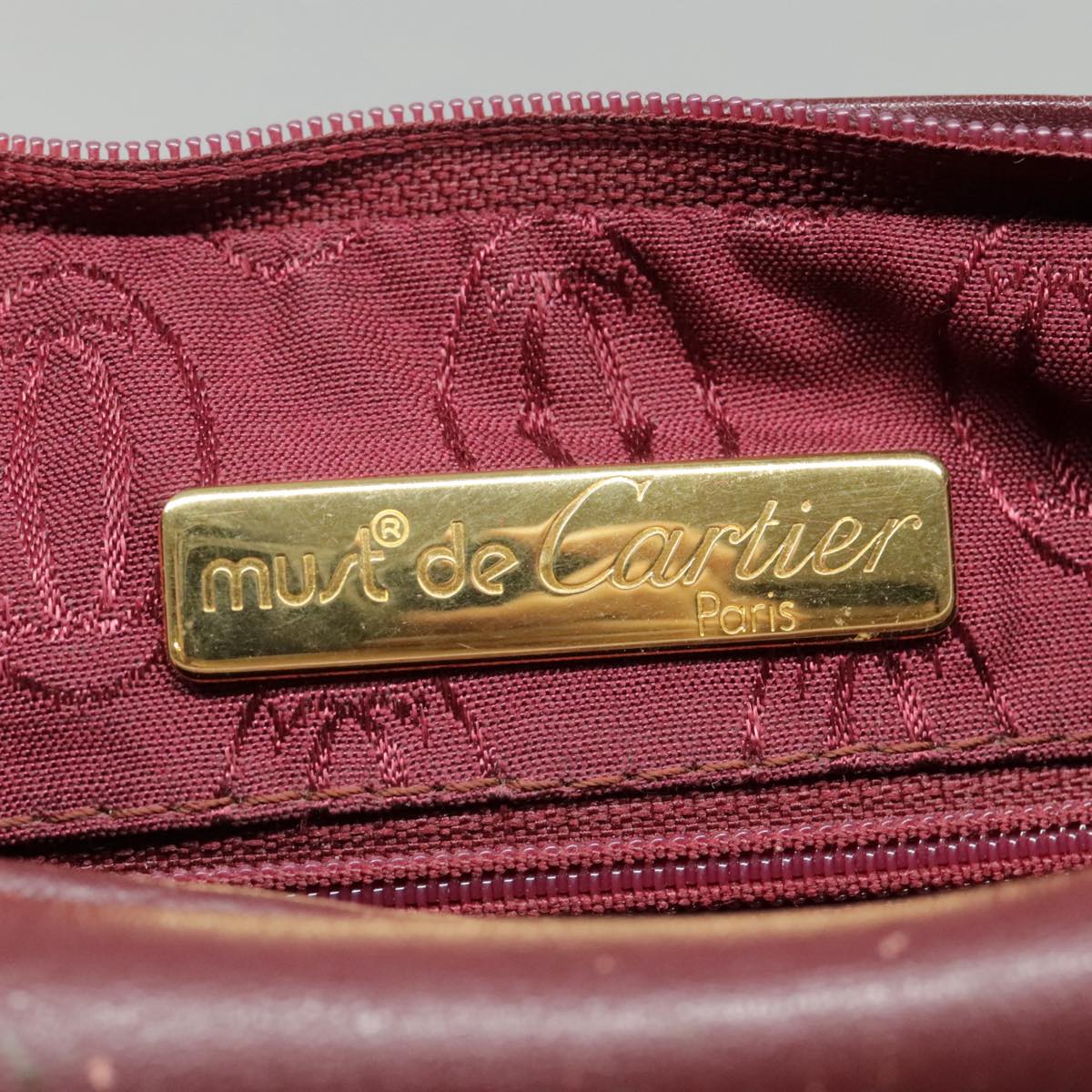 CARTIER Shoulder Bag Leather Bordeaux Gold Auth 93416