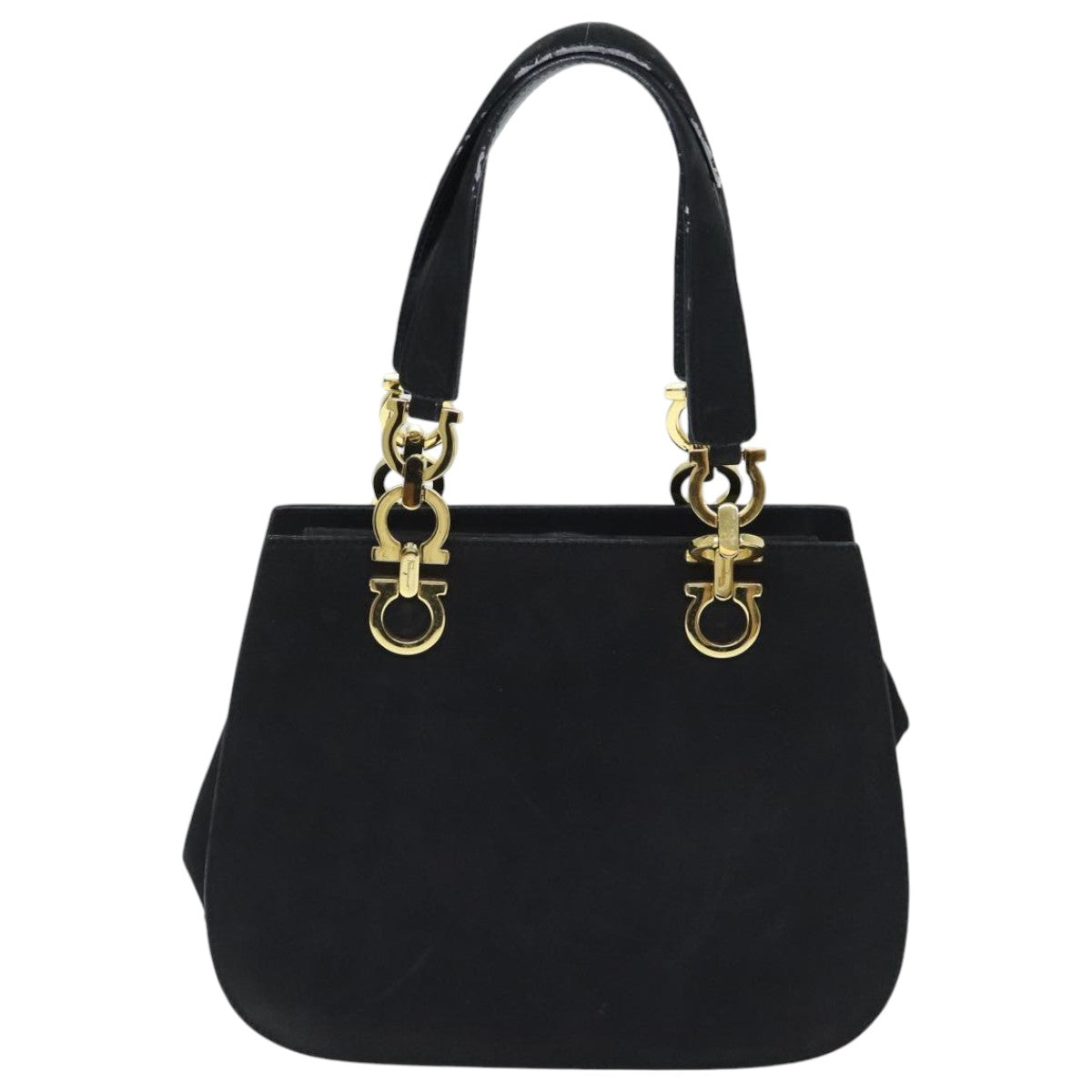 Salvatore Ferragamo Gancini Hand Bag Suede 2way Black Gold Auth 93549