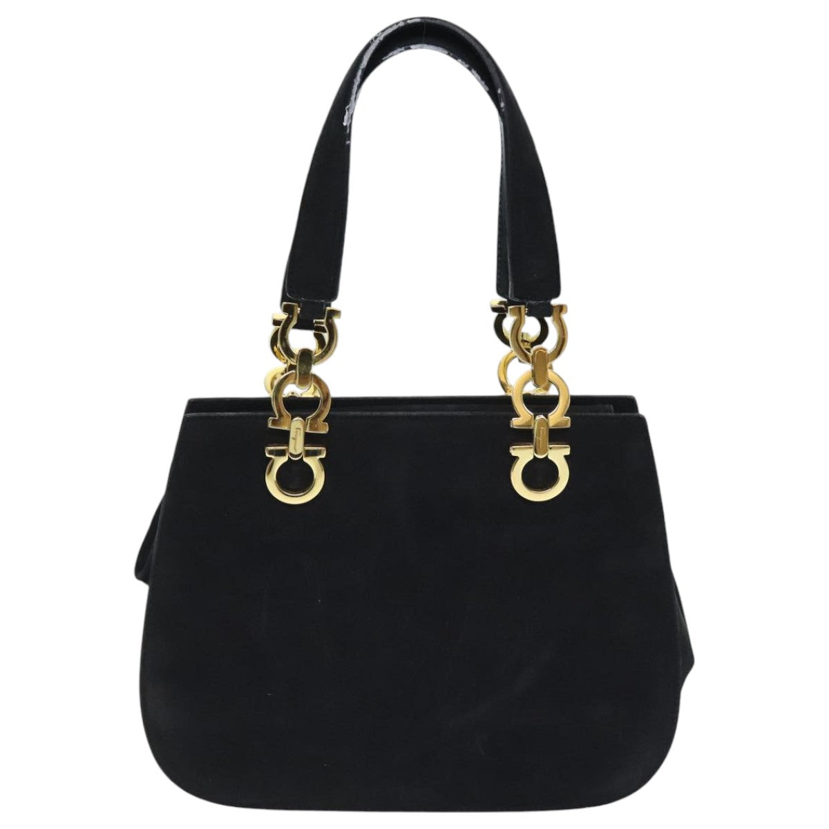 Salvatore Ferragamo Gancini Hand Bag Suede 2way Black Gold Auth 93549