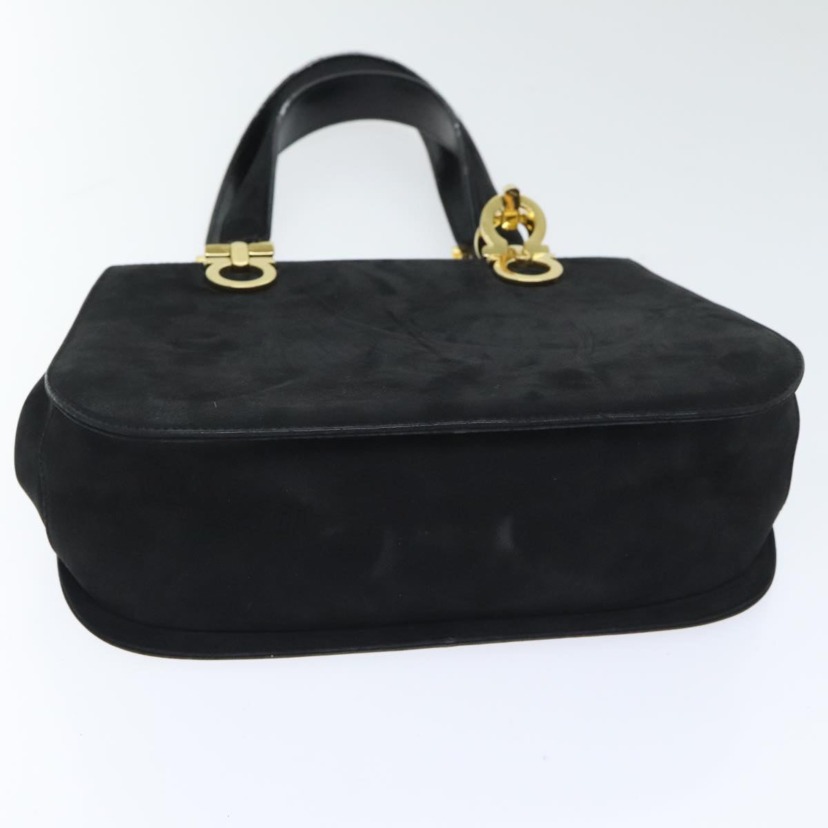 Salvatore Ferragamo Gancini Hand Bag Suede 2way Black Gold Auth 93549