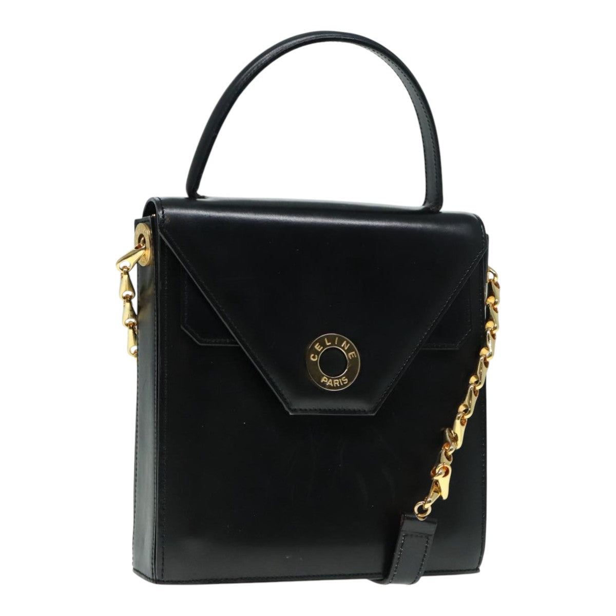 CELINE Hand Bag Leather 2way Black Gold Auth 93573