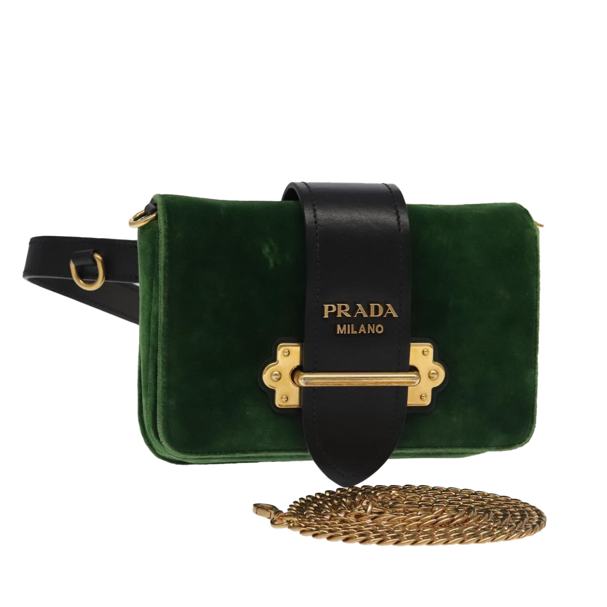 PRADA Shoulder Bag Suede Leather 2way Green Gold Auth 93806A