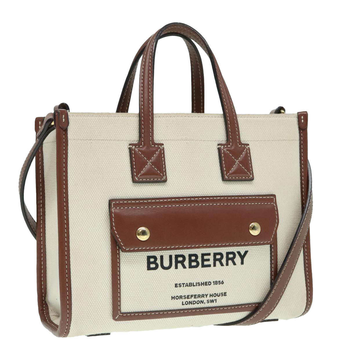 BURBERRY Hand Bag Canvas 2way White Gold Brown Auth 93824