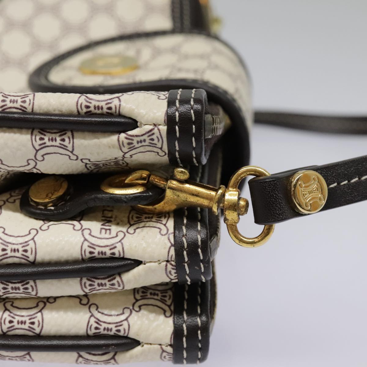 CELINE Macadam Canvas Accessory Pouch PVC Leather White Gold Auth 93826AV