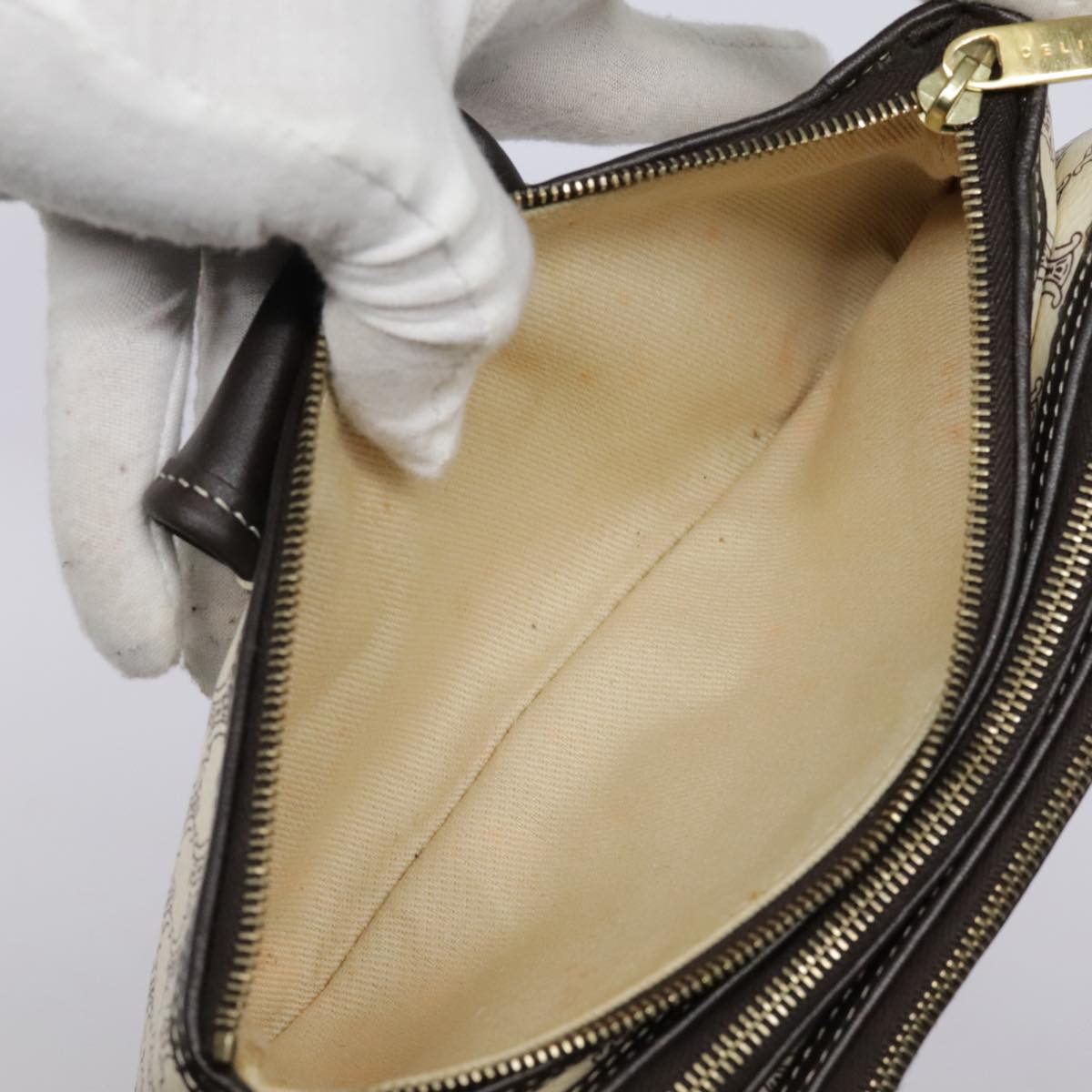 CELINE Macadam Canvas Accessory Pouch PVC Leather White Gold Auth 93826AV