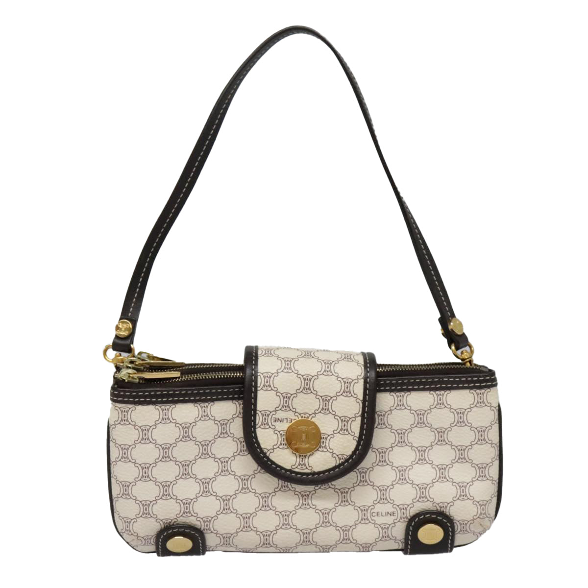 CELINE Macadam Canvas Accessory Pouch PVC Leather White Gold Auth 93826AV