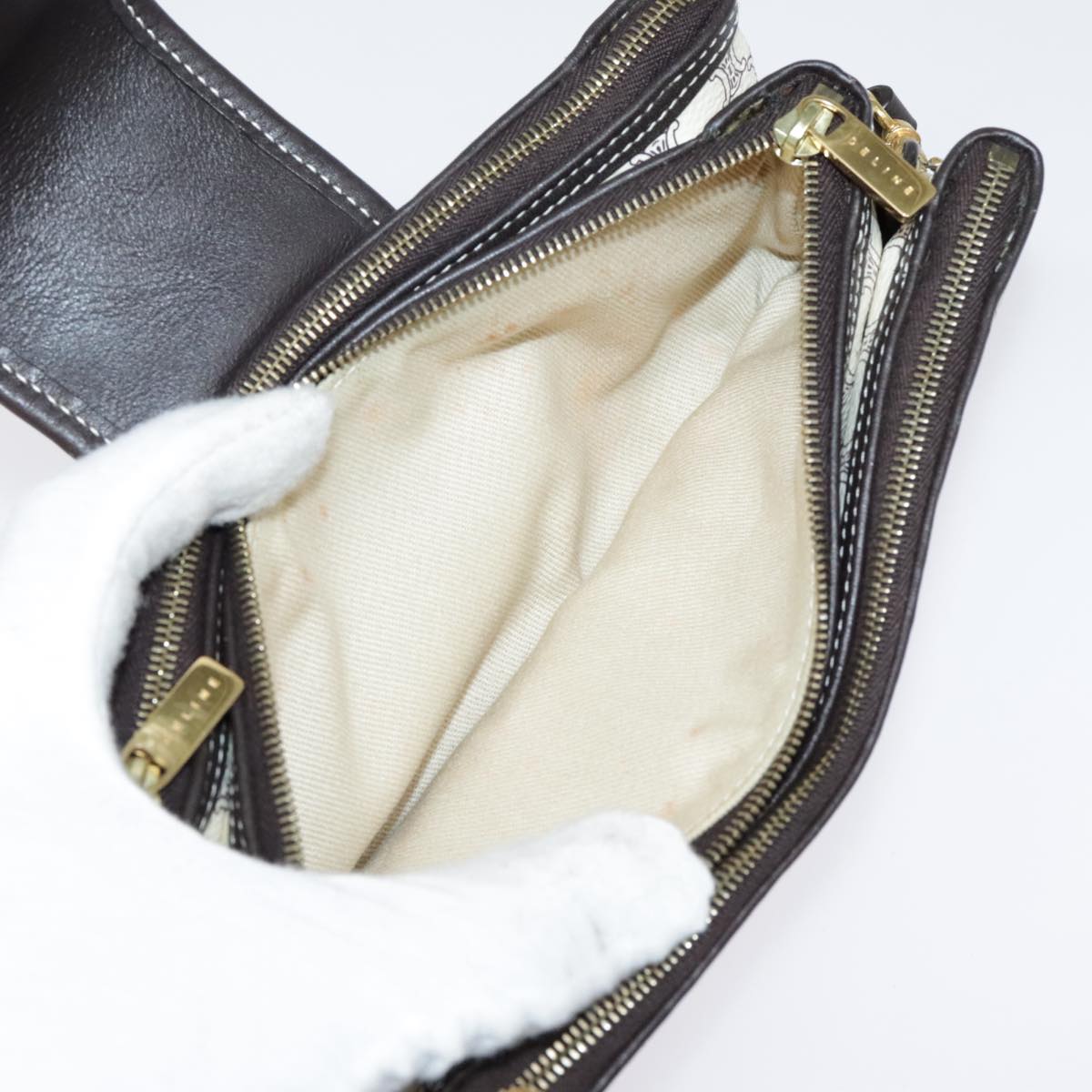 CELINE Macadam Canvas Accessory Pouch PVC Leather White Gold Auth 93826AV