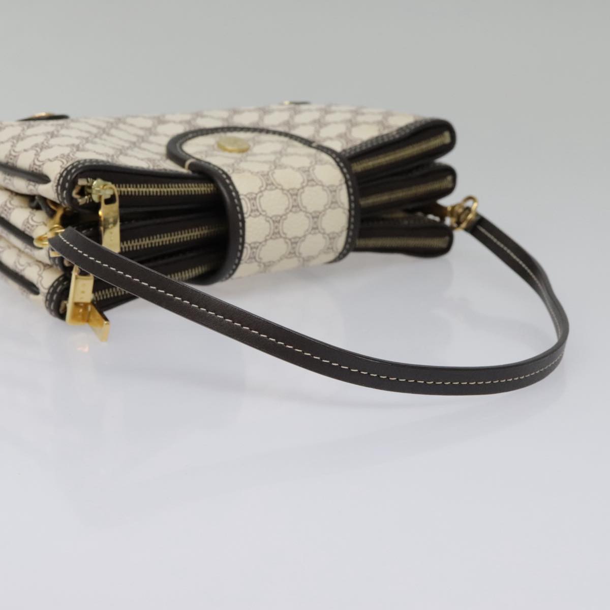 CELINE Macadam Canvas Accessory Pouch PVC Leather White Gold Auth 93826AV