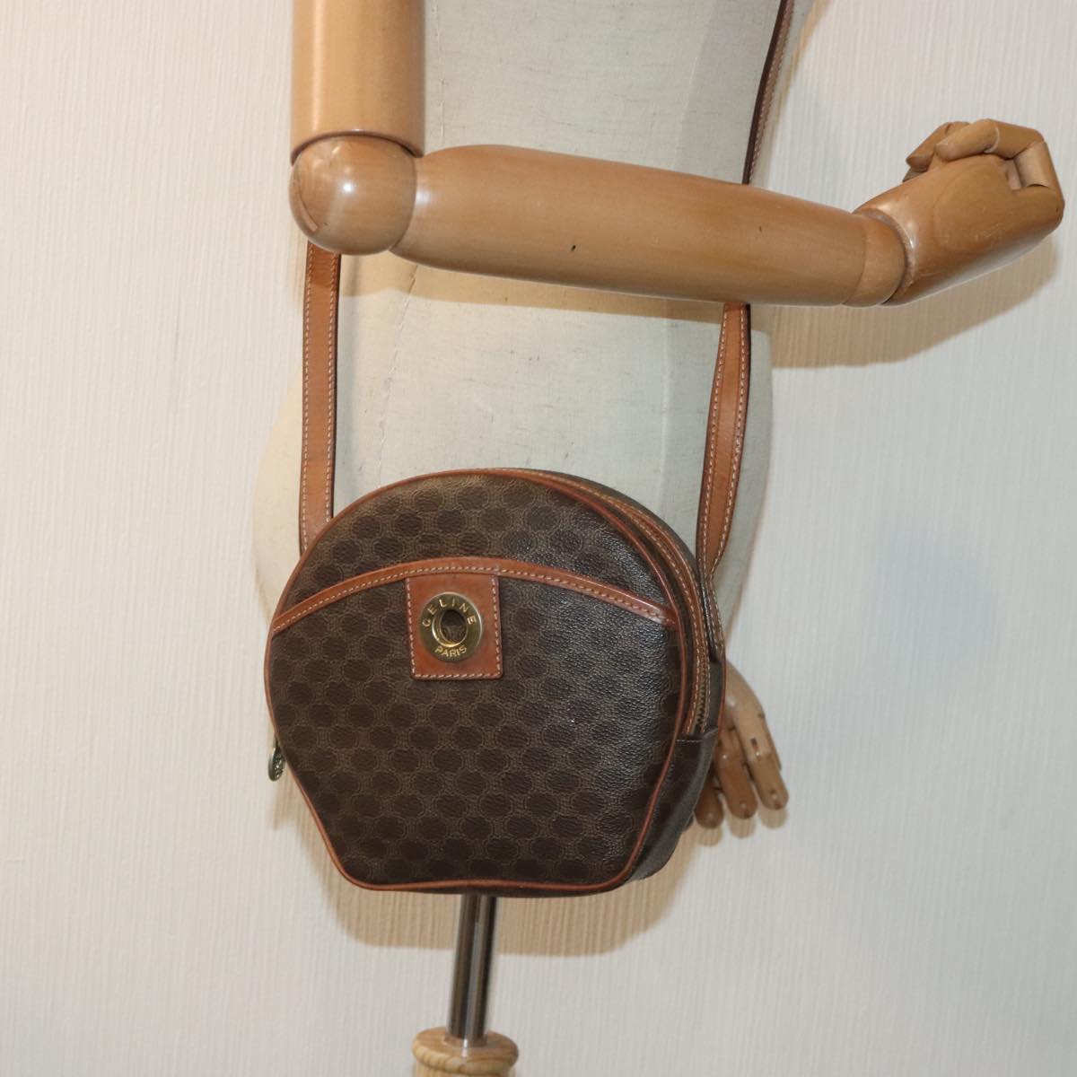 CELINE Macadam Canvas Shoulder Bag PVC Leather Brown Gold Auth 93827