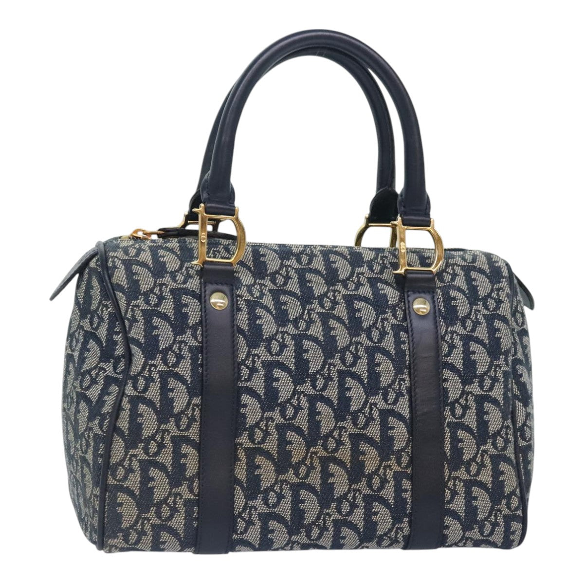 Christian Dior Trotter Canvas Hand Bag Navy Gold Auth 93859