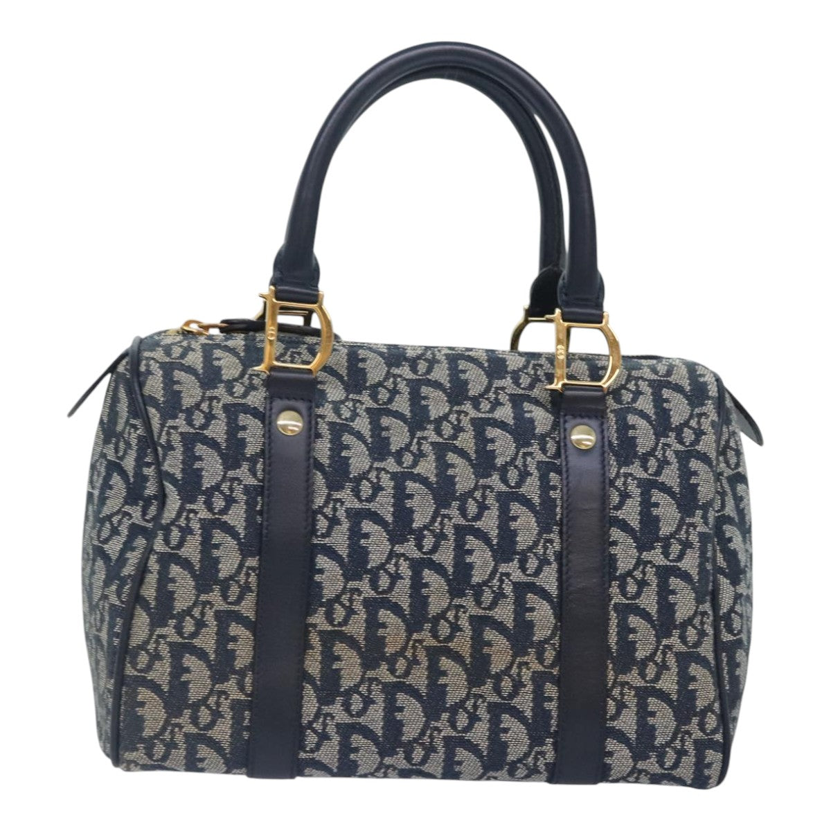 Christian Dior Trotter Canvas Hand Bag Navy Gold Auth 93859