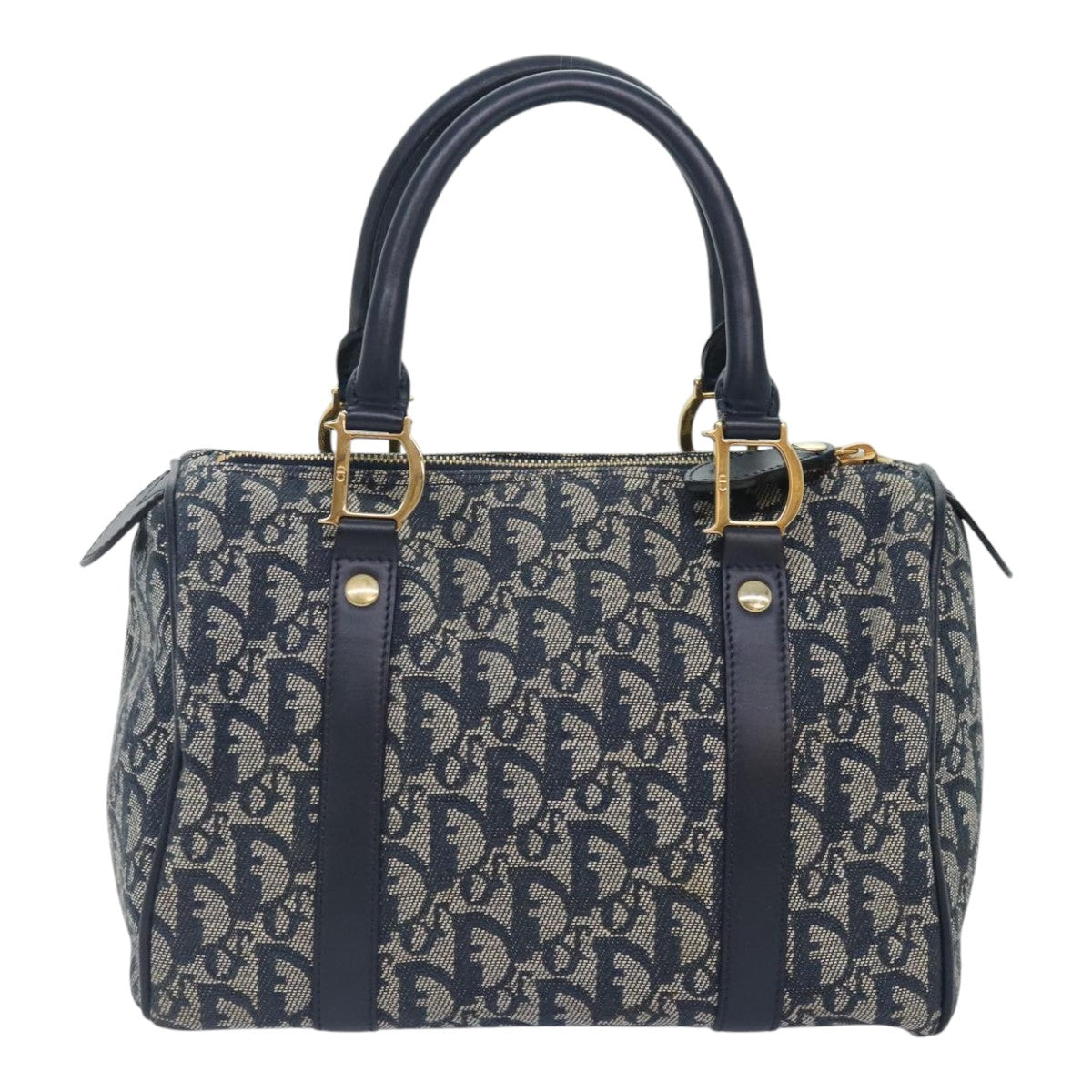 Christian Dior Trotter Canvas Hand Bag Navy Gold Auth 93859