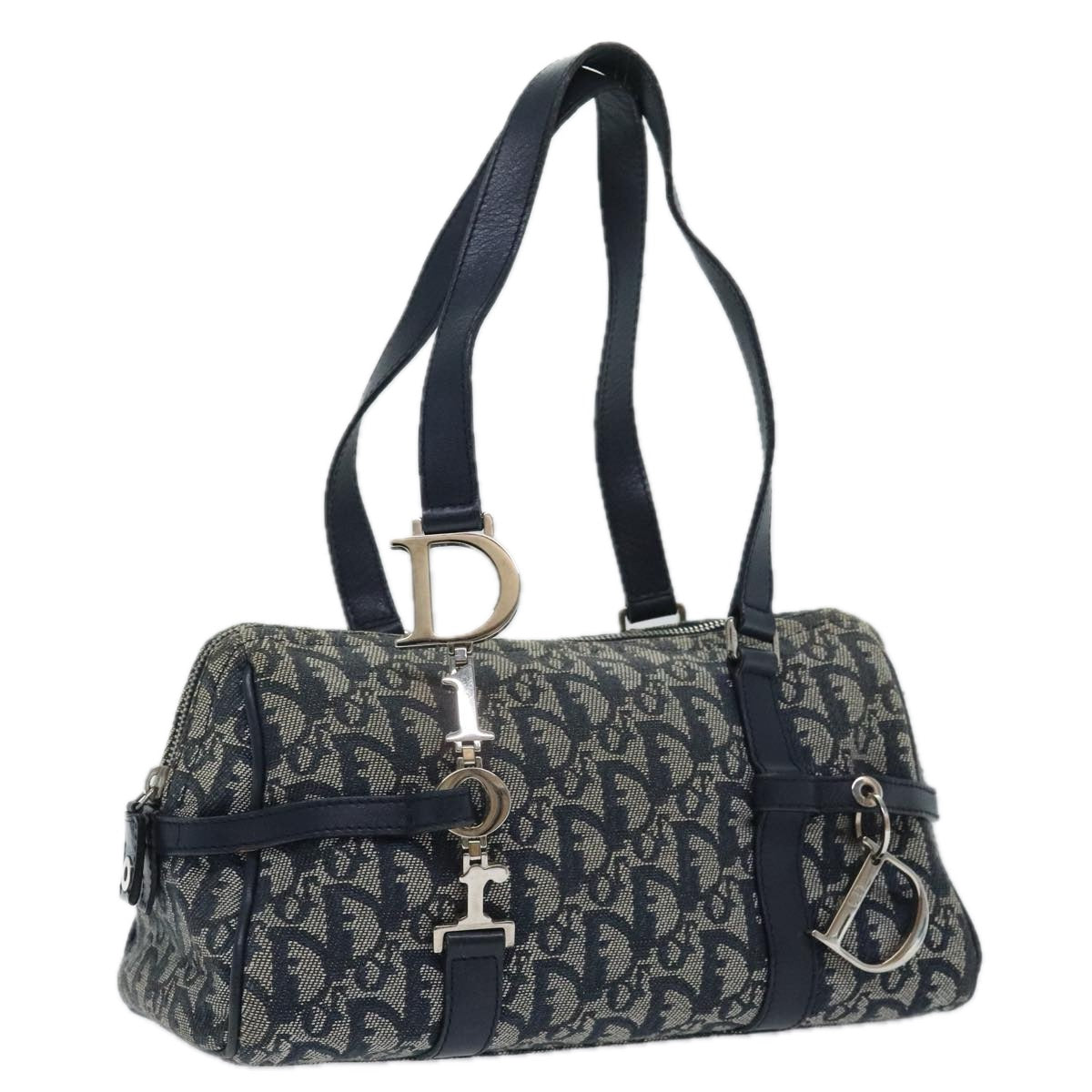 Christian Dior Trotter Canvas Hand Bag Navy Silver Auth 93866