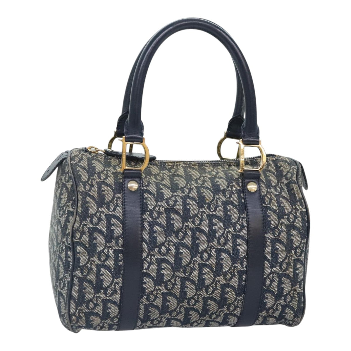 Christian Dior Trotter Canvas Hand Bag Navy Gold Auth 93868