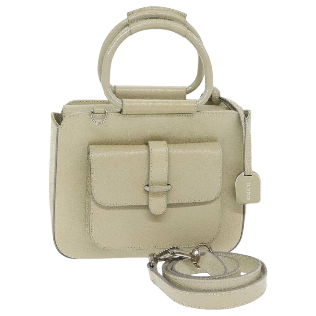 GUCCI Hand Bag Leather 2way Beige Silver 000 2058 0308 5 Auth 93984