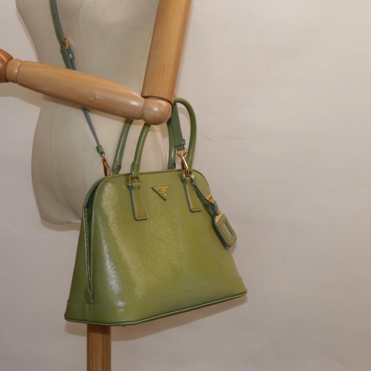 PRADA Hand Bag Safiano leather 2way Green Gold Auth 94025