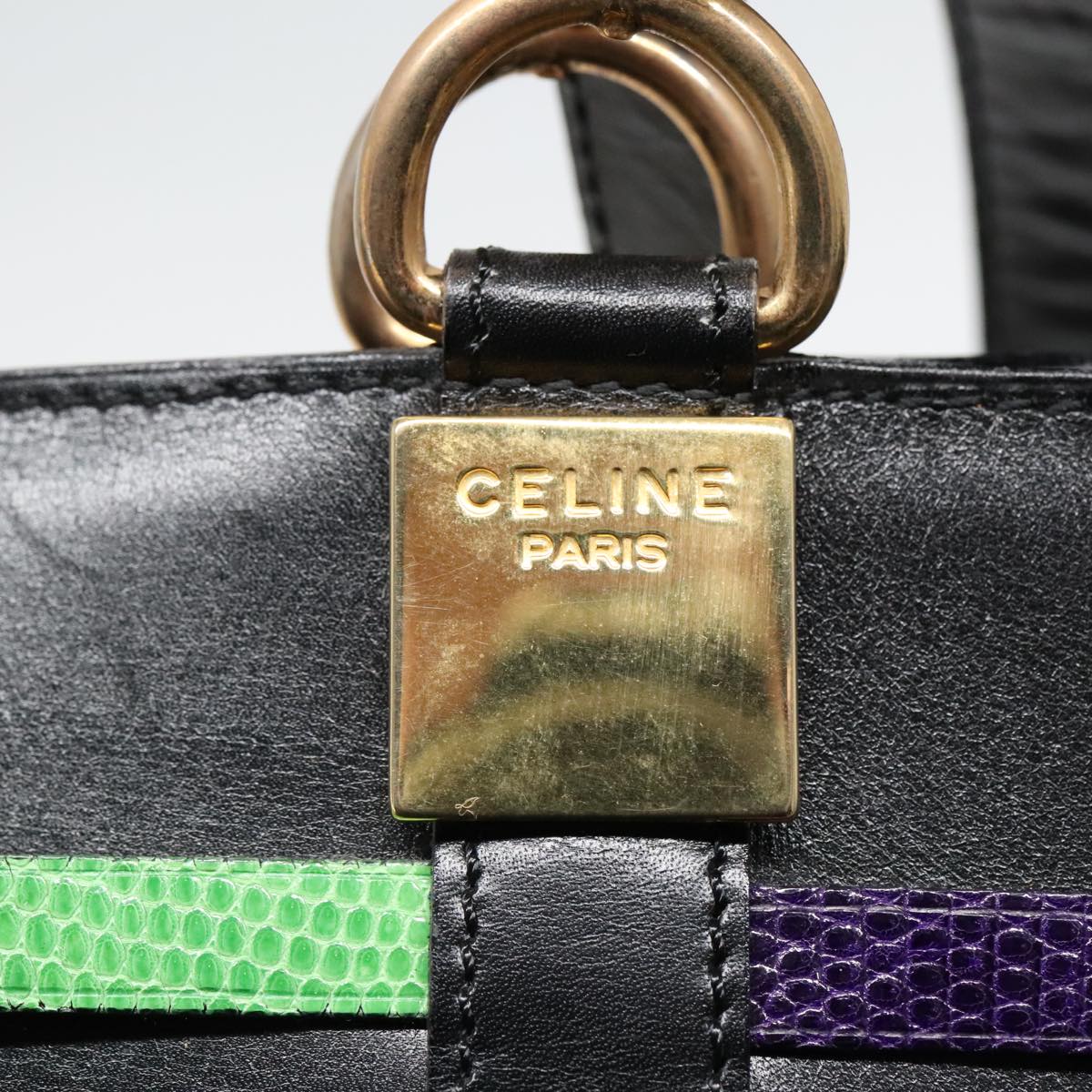 CELINE Shoulder Bag Leather Black Gold Auth 94032