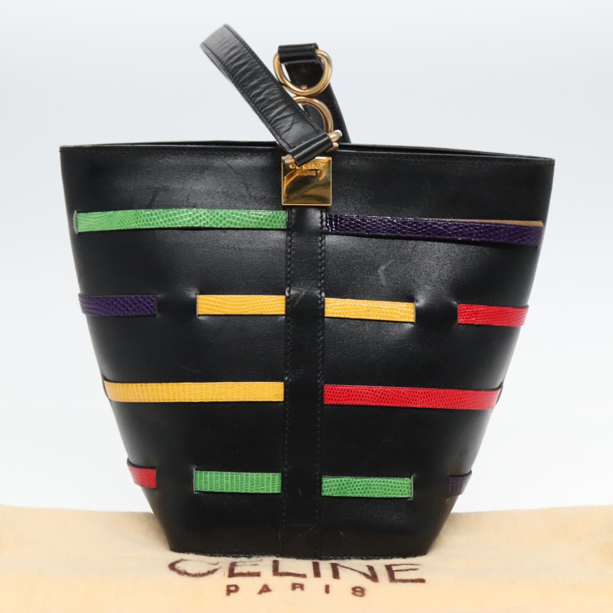 CELINE Shoulder Bag Leather Black Gold Auth 94032