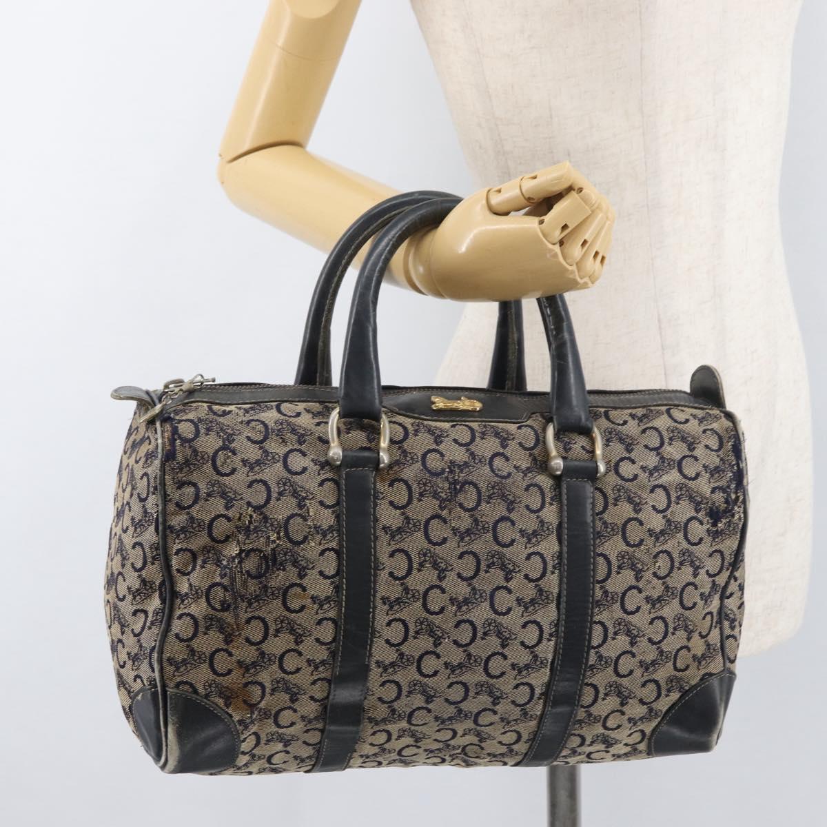 CELINE C Sulky Boston Bag Canvas Navy Gold Auth 94063