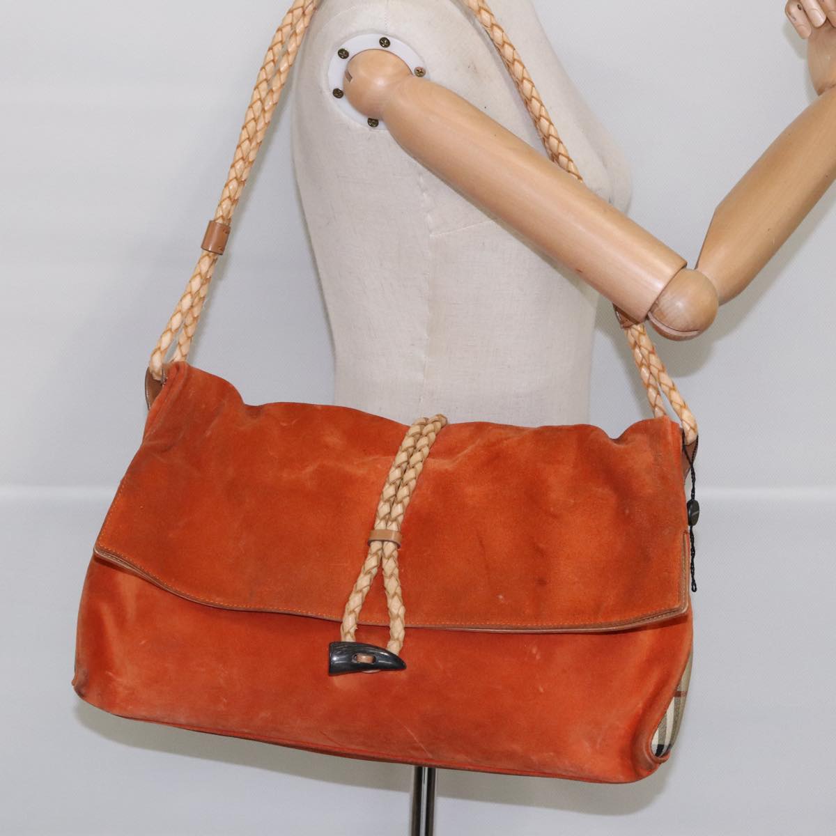 BURBERRY Shoulder Bag Suede Orange Silver Auth 94109