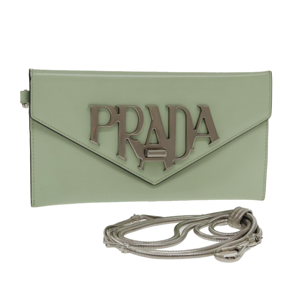 PRADA Chain Long Wallet Leather Peppermint Silver Auth 94192