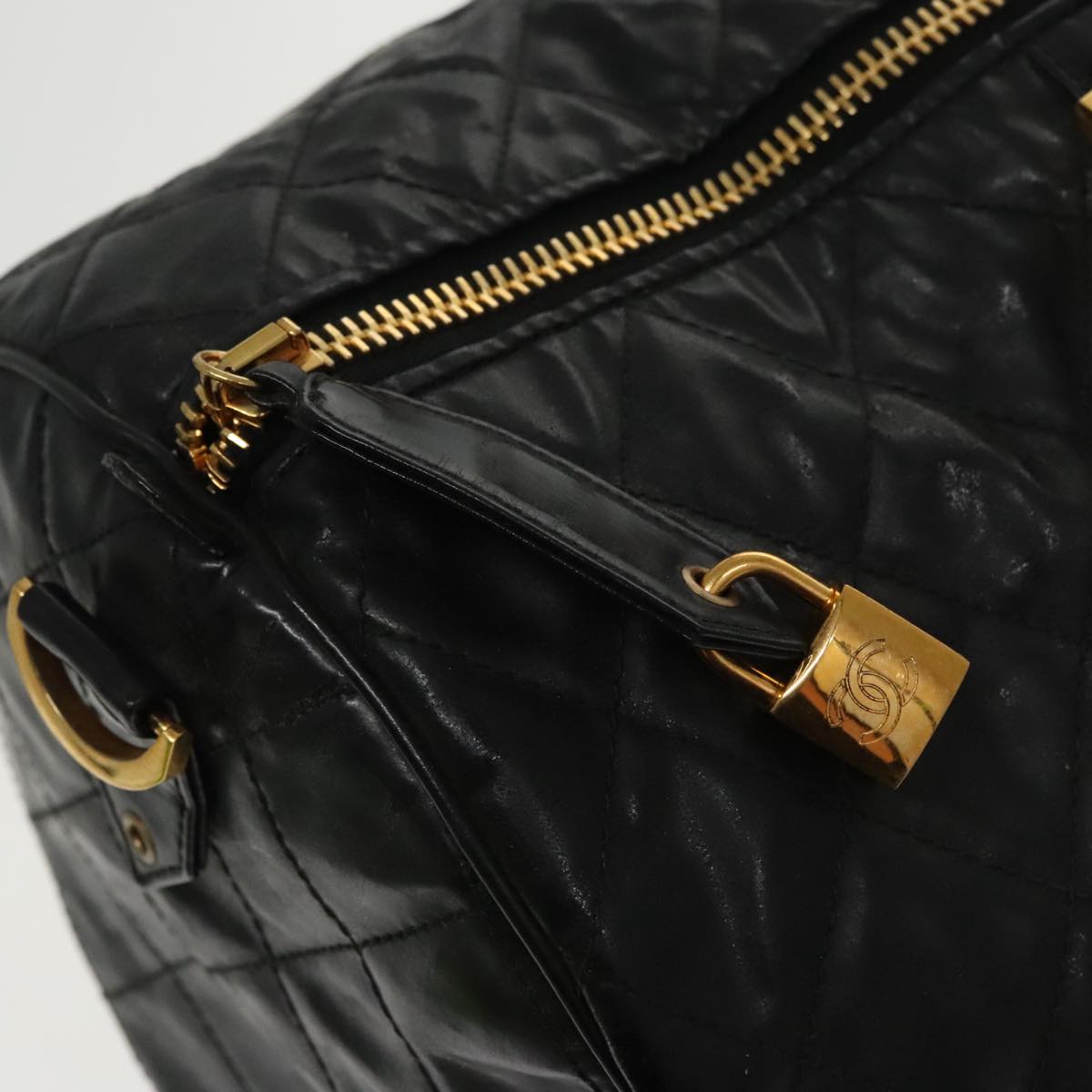 CHANEL Boston Bag Leather 2way Black Gold CC Auth 94229