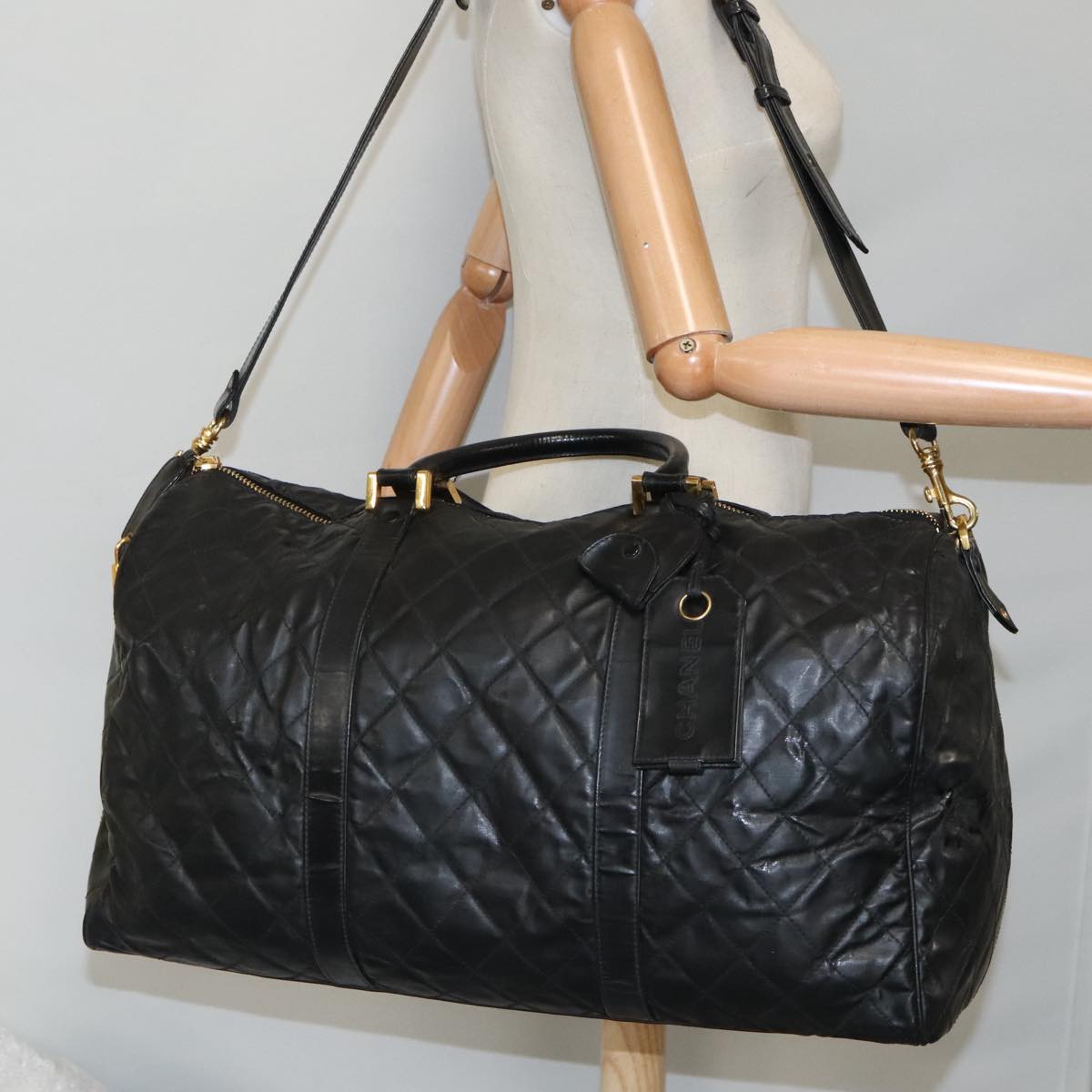 CHANEL Boston Bag Leather 2way Black Gold CC Auth 94229