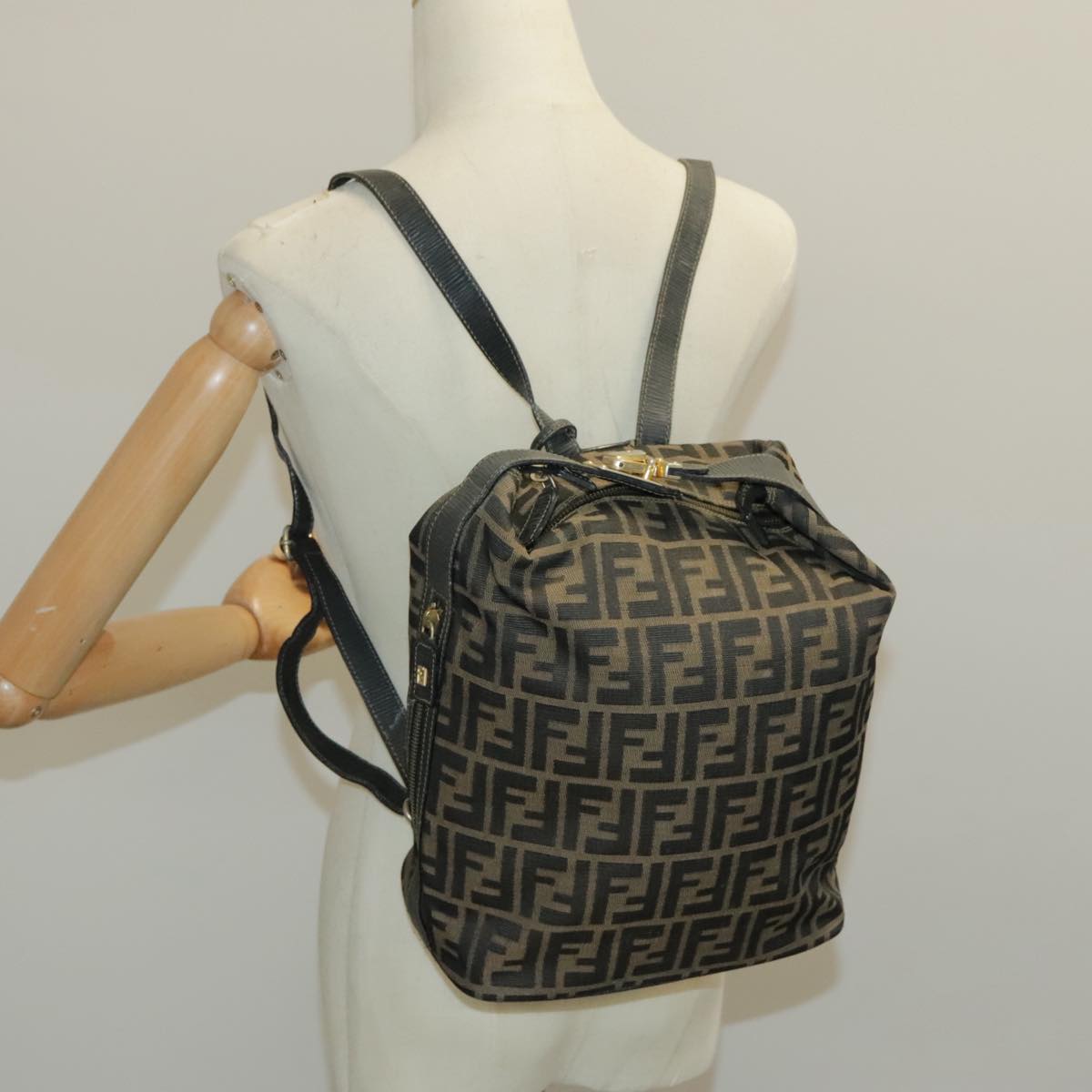 FENDI Zucca Canvas Backpack Brown Black Gold Auth 94295