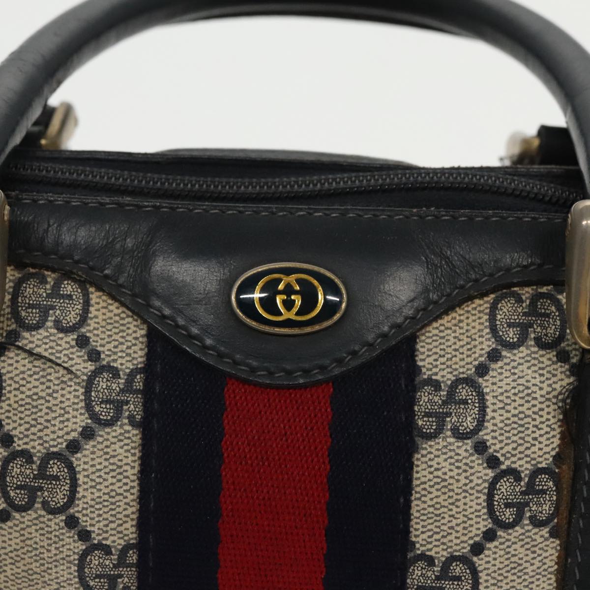 GUCCI GG Supreme Sherry Line Boston Bag PVC Navy Red gold 012 3841 58 Auth 94298