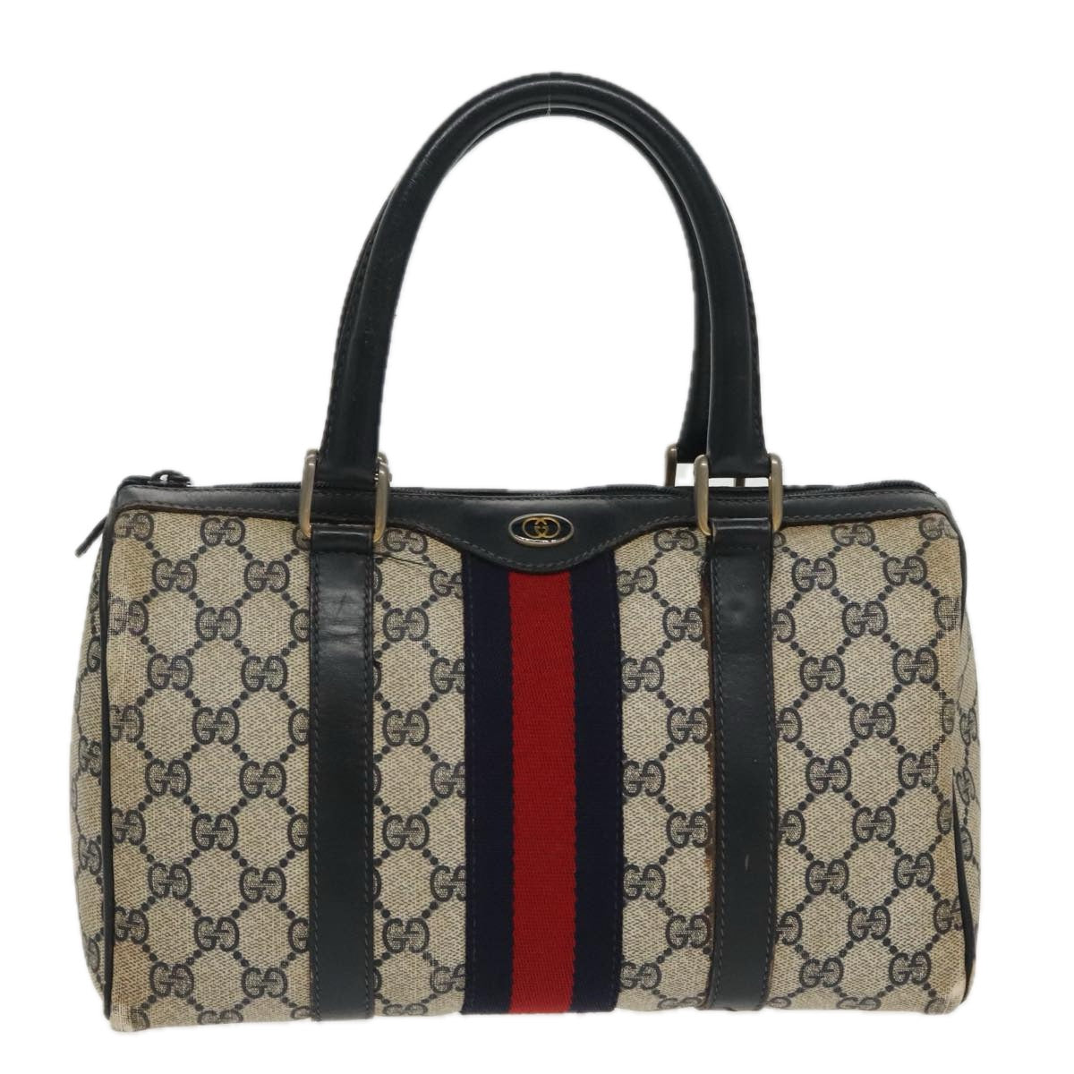 GUCCI GG Supreme Sherry Line Boston Bag PVC Navy Red gold 012 3841 58 Auth 94298