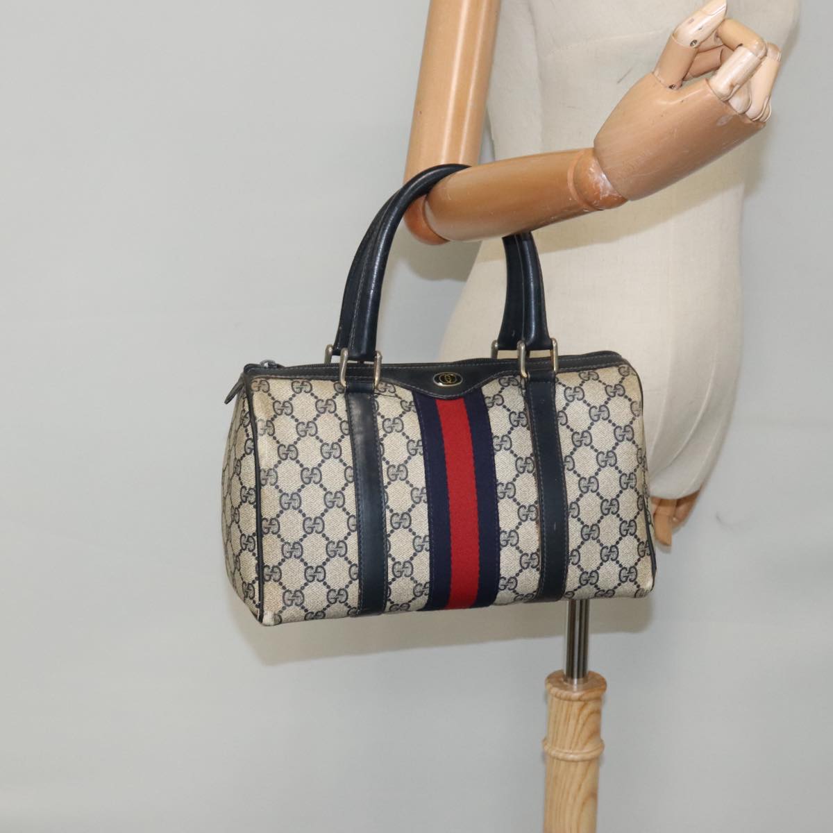 GUCCI GG Supreme Sherry Line Boston Bag PVC Navy Red gold 012 3841 58 Auth 94298