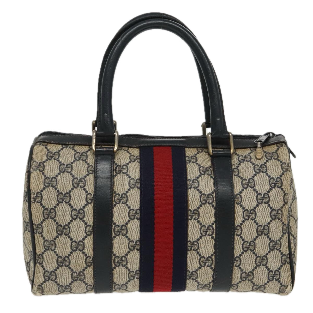 GUCCI GG Supreme Sherry Line Boston Bag PVC Navy Red gold 012 3841 58 Auth 94298