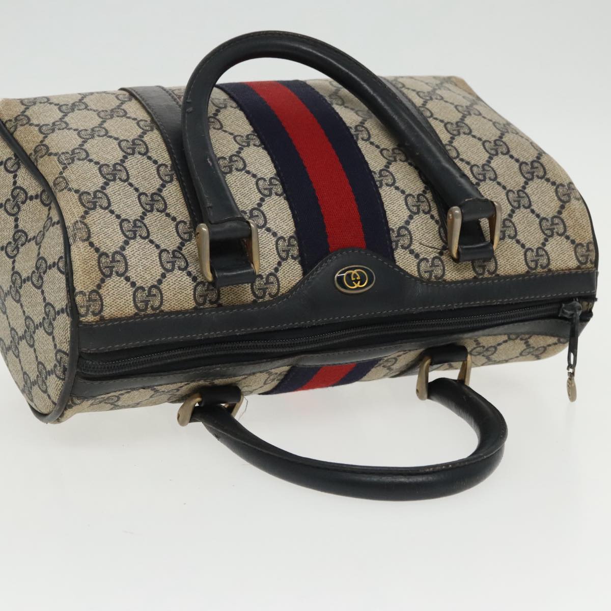 GUCCI GG Supreme Sherry Line Boston Bag PVC Navy Red gold 012 3841 58 Auth 94298