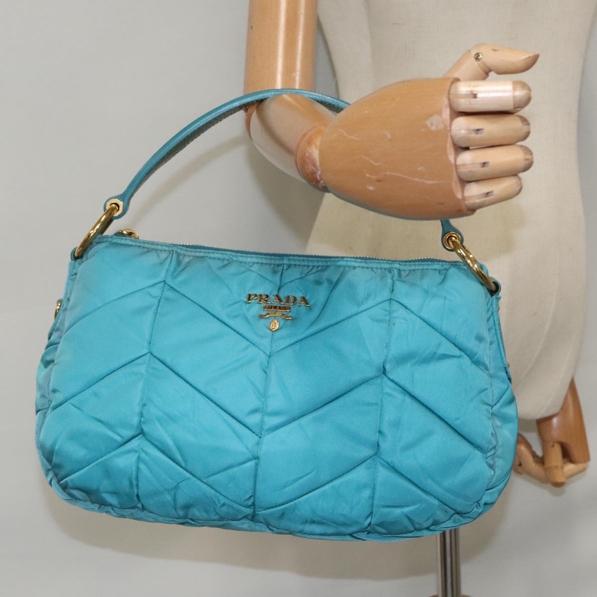 PRADA Hand Bag Nylon Blue Gold Auth 94400