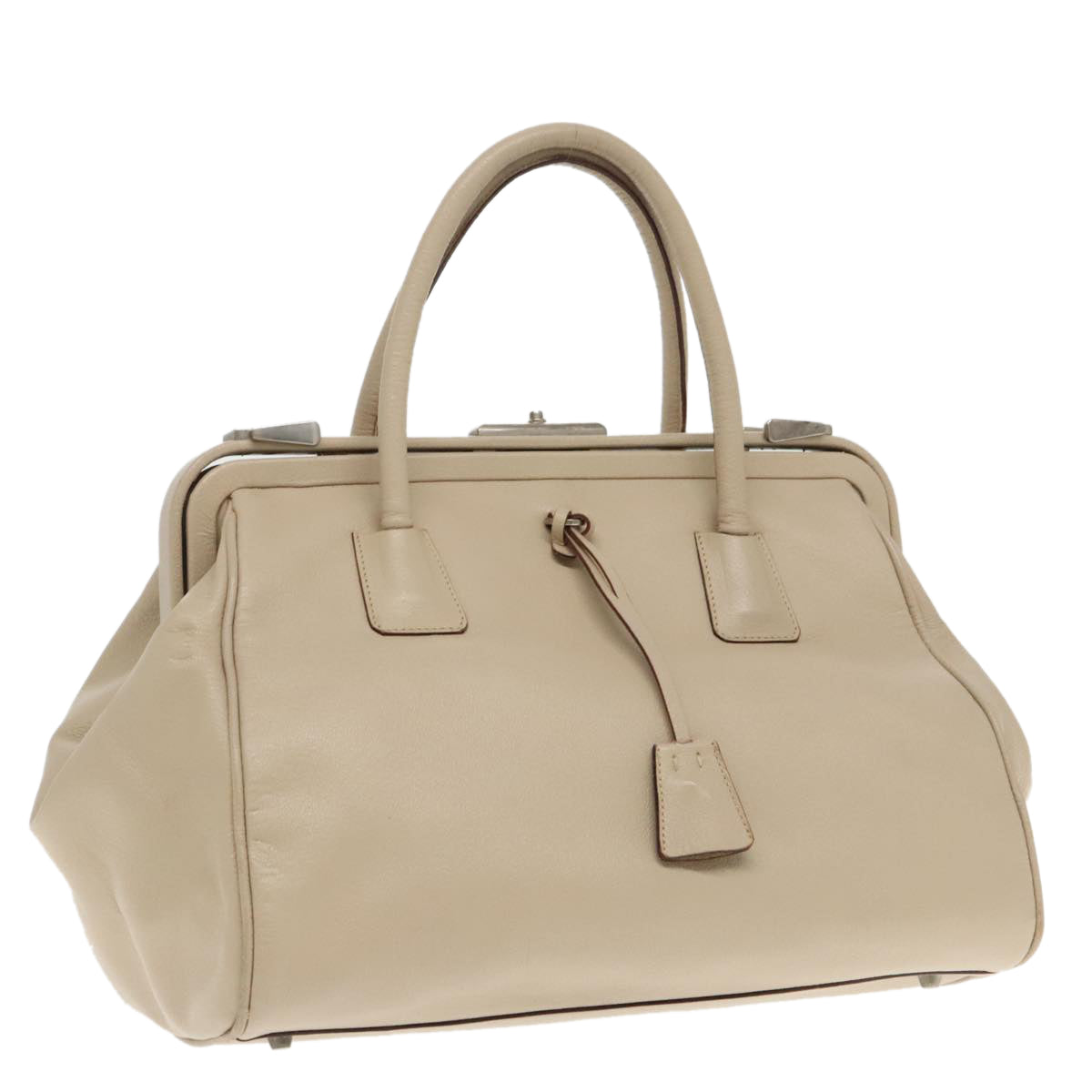 PRADA Hand Bag Leather Beige Silver Auth 94401