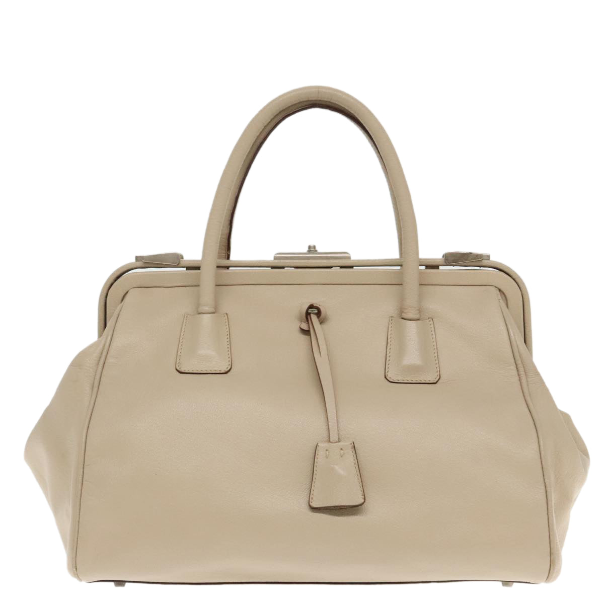 PRADA Hand Bag Leather Beige Silver Auth 94401