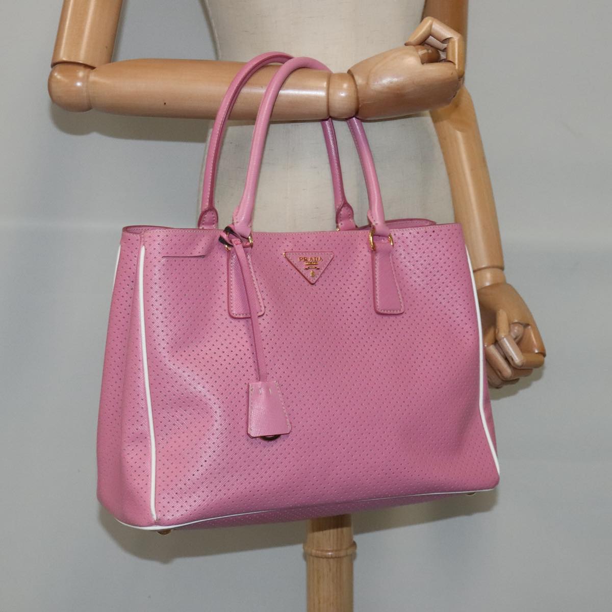 PRADA Hand Bag Leather Gold Pink Auth 94406