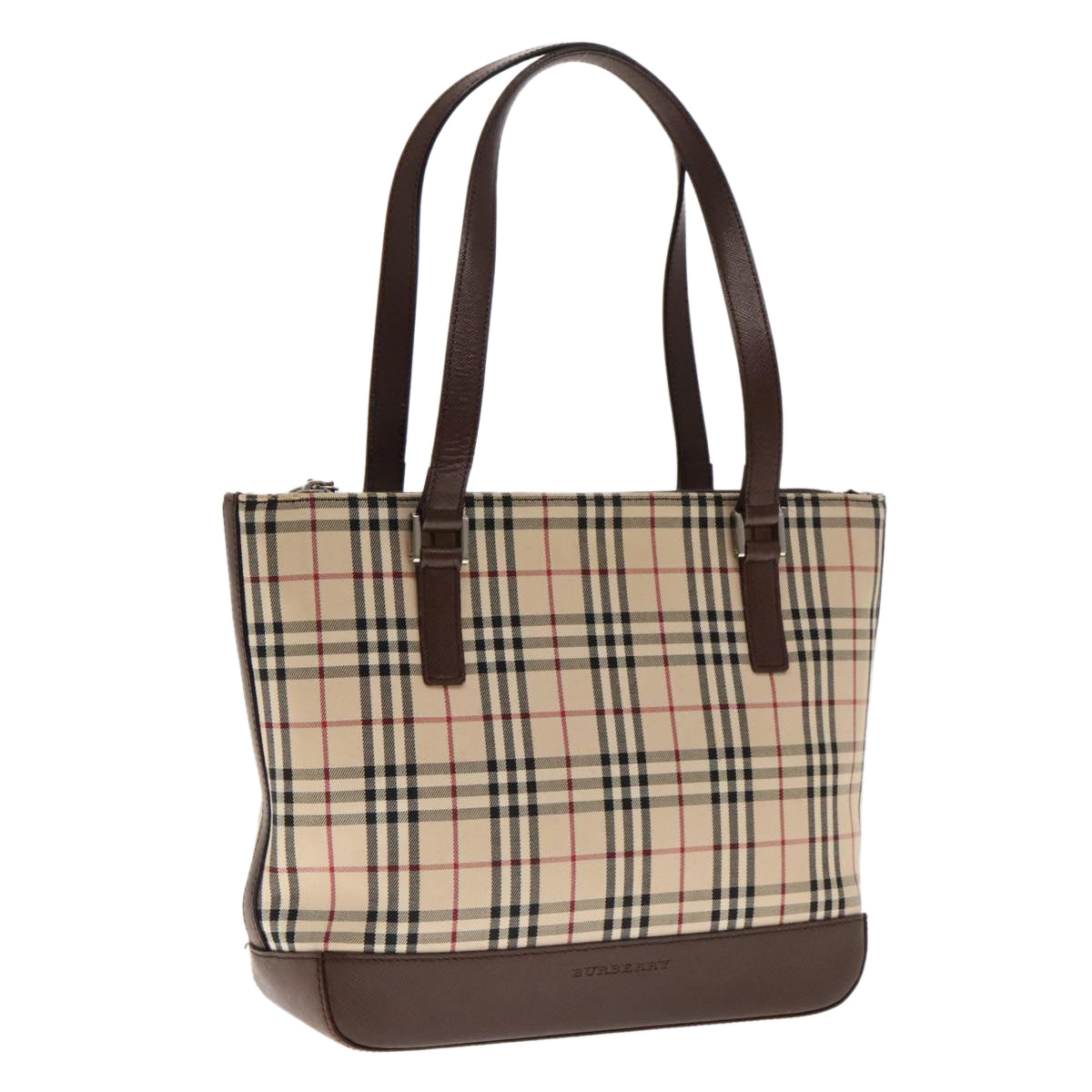 BURBERRY Nova Check Hand Bag Canvas Leather Beige Brown Silver Auth 94410