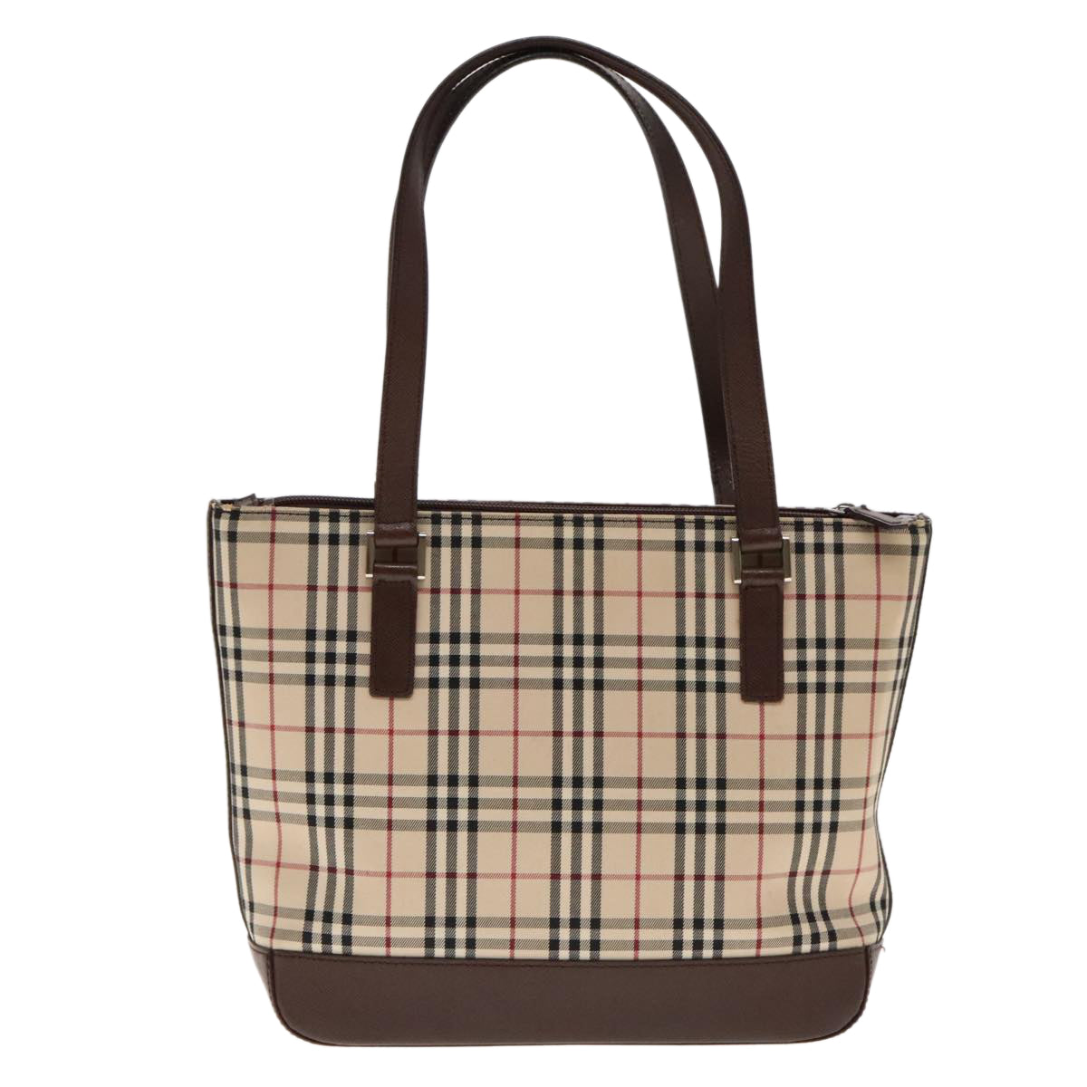 BURBERRY Nova Check Hand Bag Canvas Leather Beige Brown Silver Auth 94410