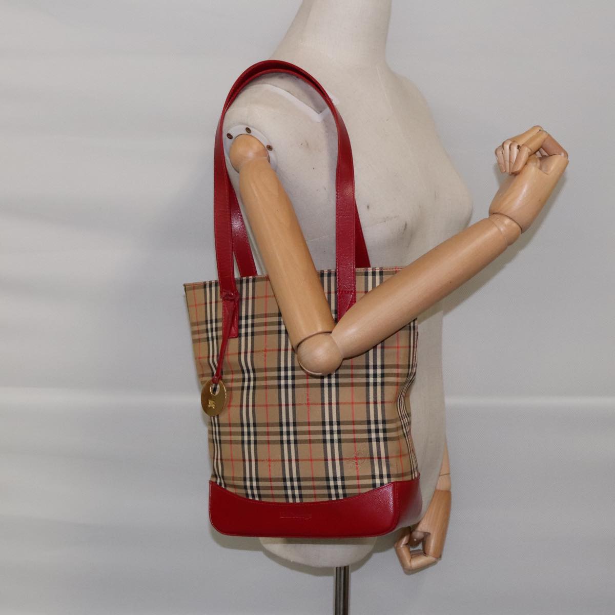 Burberrys Nova Check Shoulder Bag Canvas Leather Beige Red Silver Auth 94414