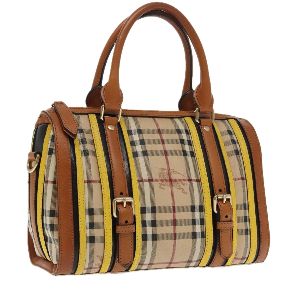 BURBERRY Nova Check Hand Bag PVC Beige Gold Auth 94418